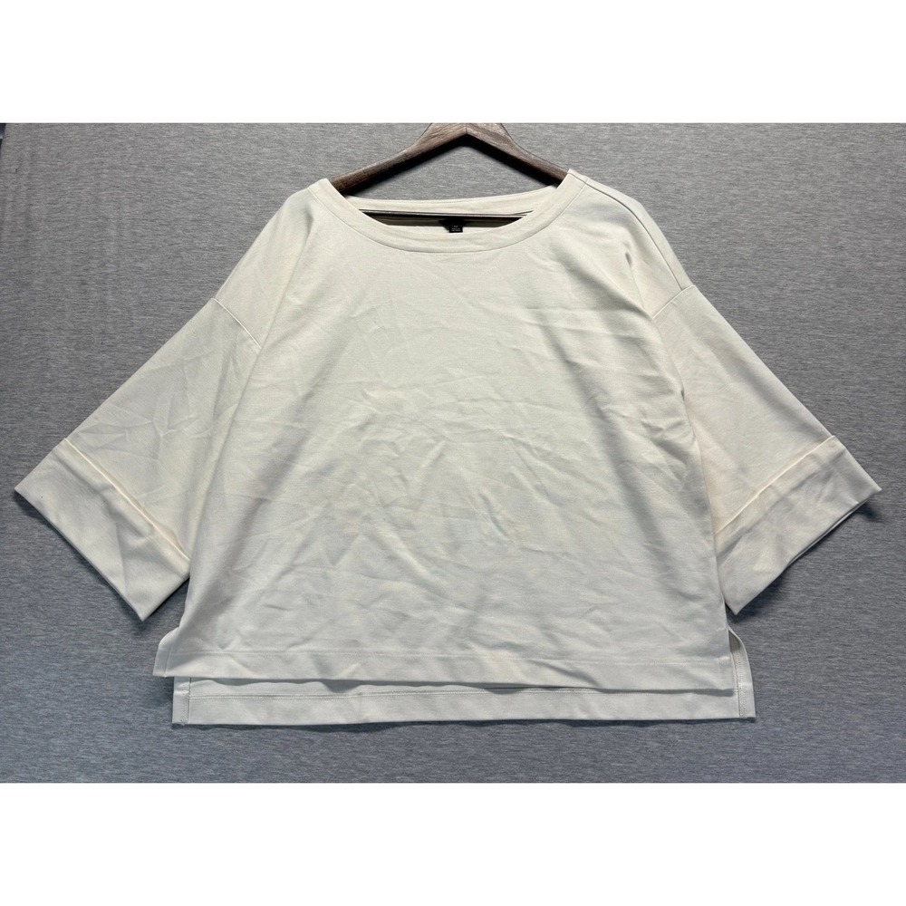 Ann Taylor Blouse Top Womens XLP Cream Cuffed Elbow Sleeve High Low Slit Hem